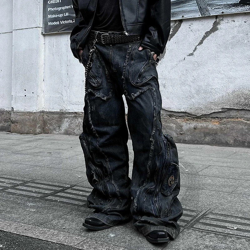 PFNW Niche Shaped Deconstructed Stained Straight Jeans Mens High-end Spring Casual Wide Leg Pants Denim Trousers 12C1592 250304