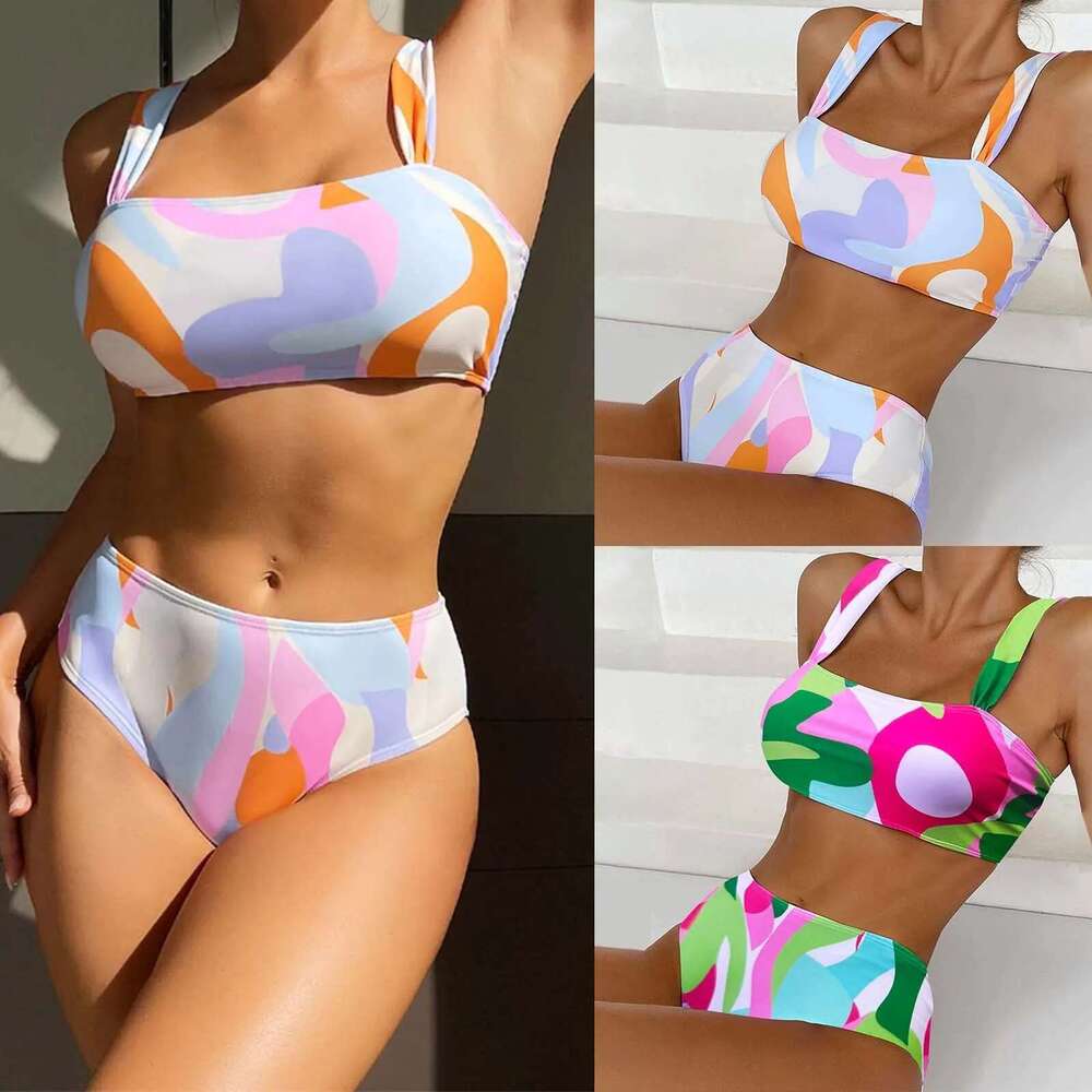 Hanging Female Neck Suspender Two Piece Fashion Print Swimsuit Tankini Swimwear Set Swim Tops For Women Km-Ly
