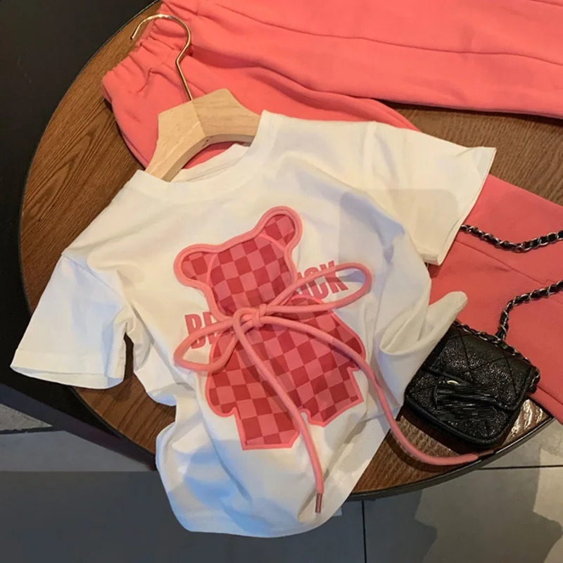 Summer Baby Girls Clothes Set Toddler Kid Cartoon Bear Tshirt and Flared Pants Suit Children Short Sleeve Top Bottom Tracksuit 250305
