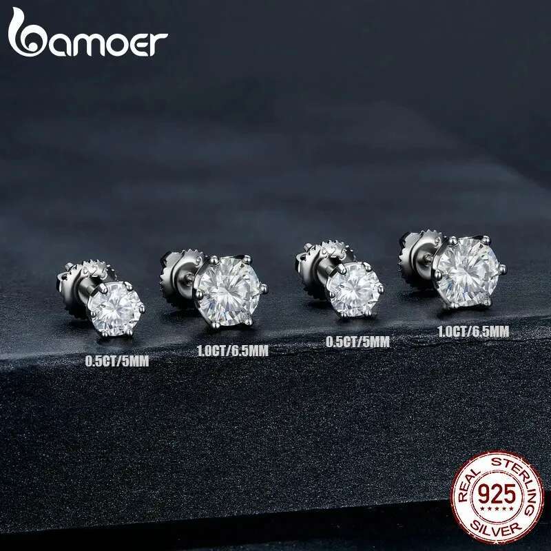 BAMOER Classic Moissanite Stud Earrings, S Sier D Color Brilliant Round Cut Lab Created Dia Wedding Engagement Earrings