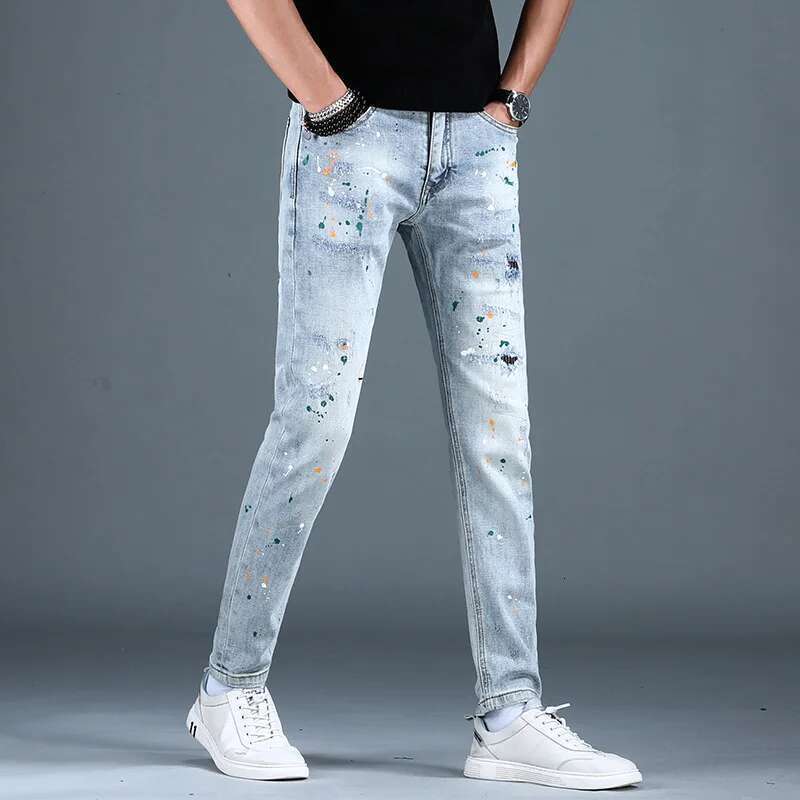 Trendy High-End Jeans Men's Personalized Paint Printing Slim Fit Skinny Stretch Casual Street Motorcycle Trousers
