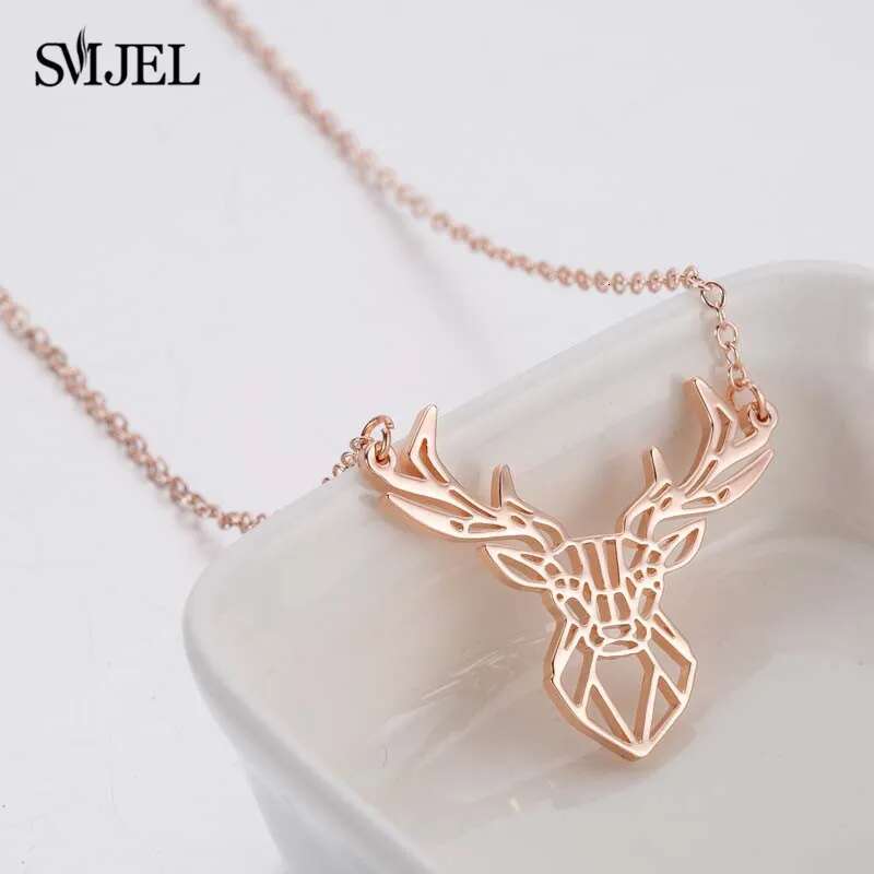 Punk Elk Deer Antlers Pendant Women Stainless Steel Origami Geometric Animal Necklace For Christmas Gifts Girls