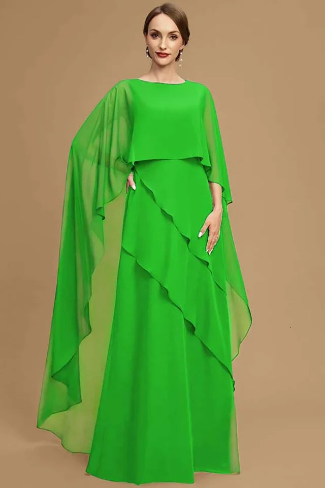 Plus Size Women Party Dress Chiffon Batwing Cape Sleeve Tiered Asymmetric Trim ONeck Gowns Cocktail Wedding Guest Long 250225