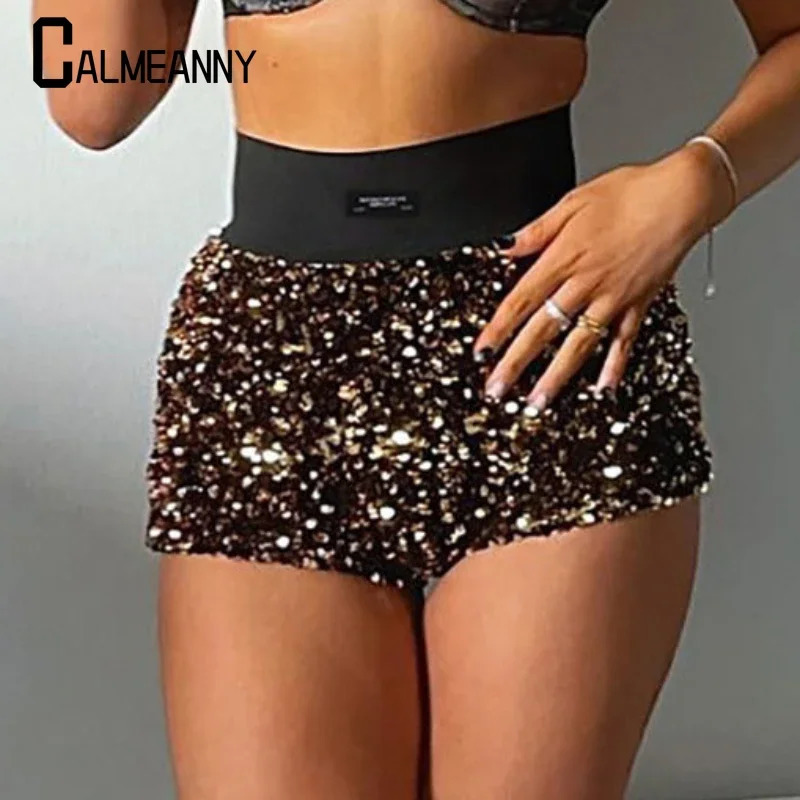 Womens shorts 2024 summer high waisted sparkling sexy tight fitting party nightclub streetwear fashion trend glitter mini 250304