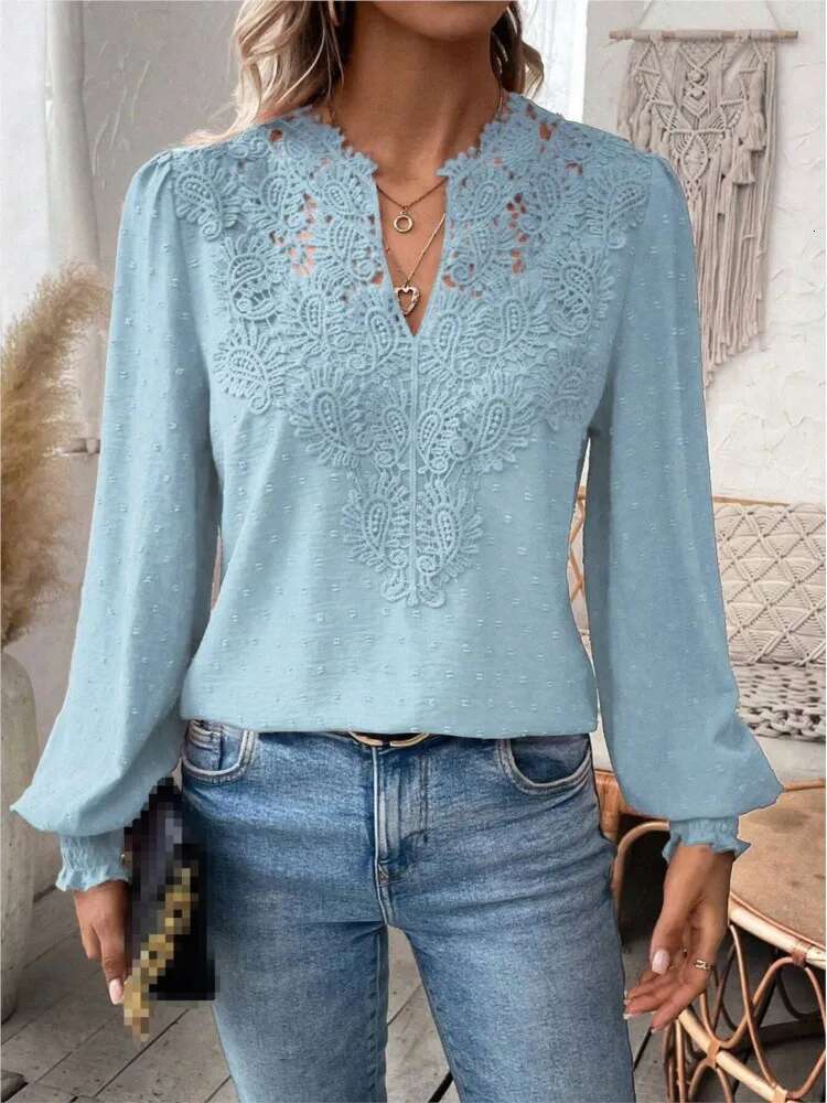 2024 Autumn New Sexy V-Neck Fashionable Lace Patchwork Solid Color Long Sleeved Shirt Women's Clothing