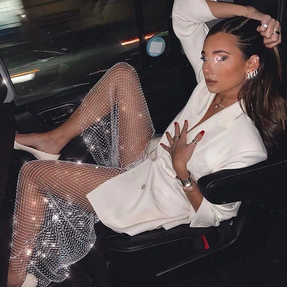 Sexy y2k streetwear Fishnet Rhinestone pants women clothing see through club party pants vintage clothes wide leg pants trousers 250304