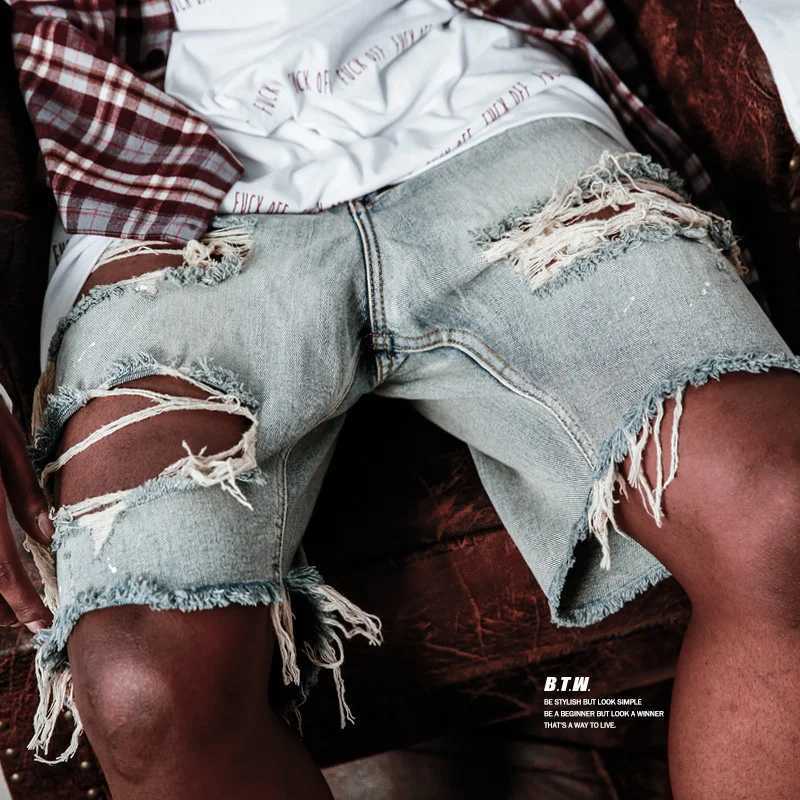 Summer Mens Fashion Hiphop Hole Denim Shorts Rough Edge Beggars Capris Men Jeans Short PantsT250305