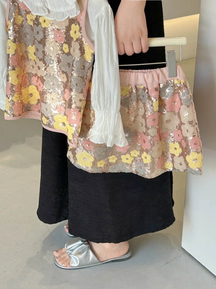Childrens Sets Girl Summer Baby Causal Vest Short Sleeve Two Pieces Glitter Skirt Sweet Fashion Flower Simple 250304