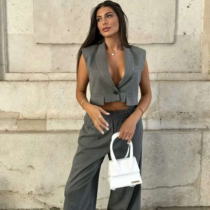 TRAF 2025 New Elegant Sets Women's Summer Holiday Fashion Loose Striped Elastic Waist Pants Suit Street Chic Youth 2-Piece Set