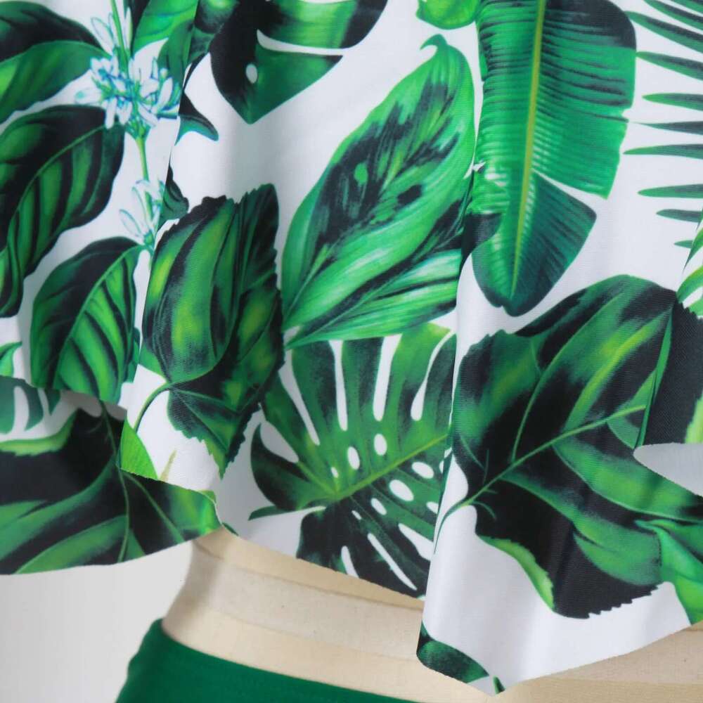 Waist High Double Shoulder Strap Swimsuit Ruffle Print Two Piece Bathing Suit Sexy Women Bikini Set Km-Ly