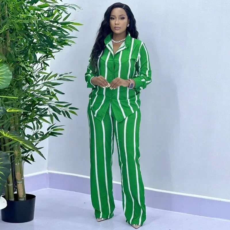 Summer Fashion Stripe African Casual Button Long Sleeved Shirt Wide Leg Pants Two Piece Set Women