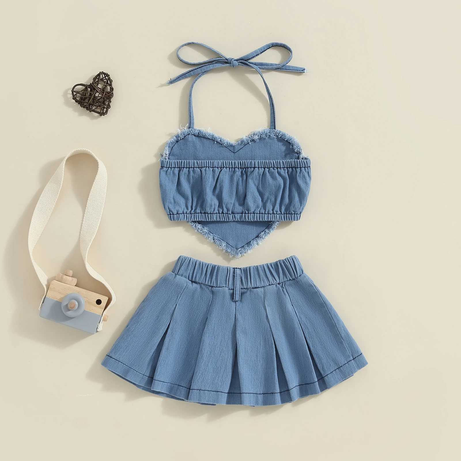 Pudcoco Toddler Kids Baby Girls 2Pcs Denim Outfits Sleeveless Halter Neck Heart Tops + Pleated Skirt Set Kid Clothes 1-6TXJ250305