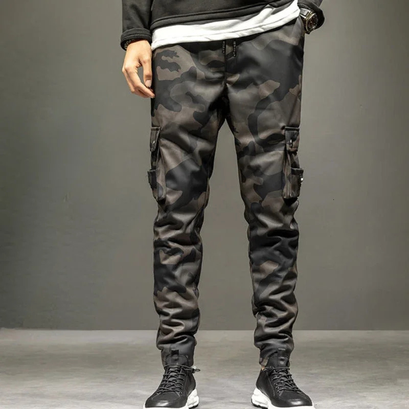 Leather pants mens winter elastic waist high casual weight loss waterproof windproof military leather cargo 250304