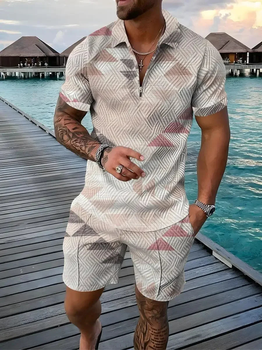 Summer Fashion Mens 3D Print Polo Shirts Short Sleeve Short Pants Color Gradient 2 Pcs Sets Golf Tracksuit Casual Beach Holiday 250304