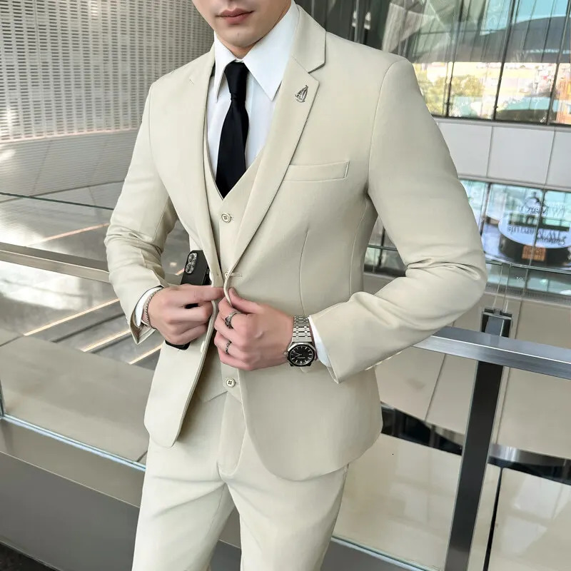 Men Suit Set blazer Vest pants Fashion Business Casual Hosts A Solid Color Slimfit Gentlemans Wedding Plus Size M7XL 250224