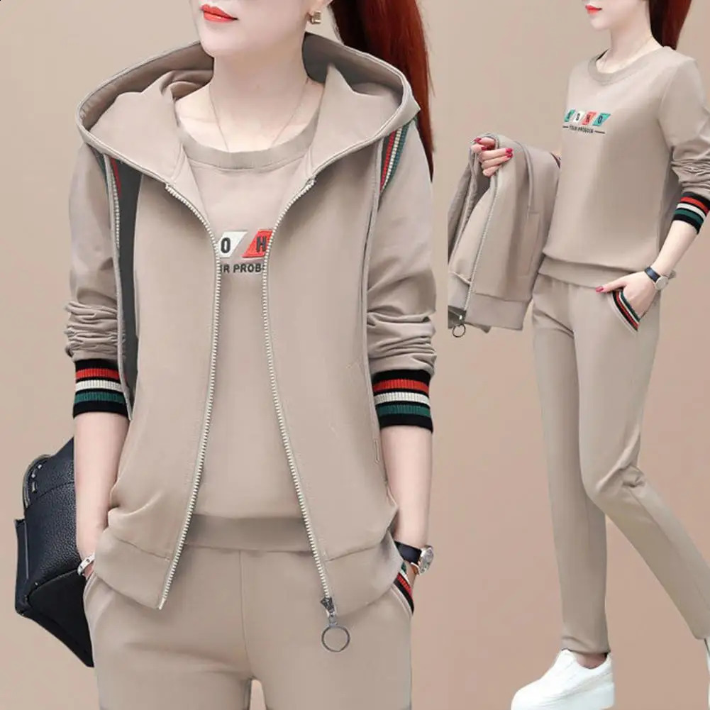 Womens 3 Piece Running Sets Fall Spring Solid Sportswear Long Sleeve Fleece HoodiesJogger Pants Plus Size Female Tracksuits 250305