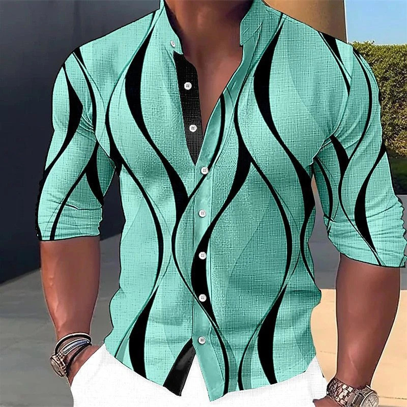 Mens shirt graphic geometric standing collar outdoor street long sleeved printed clothing fashion casual 250227Z