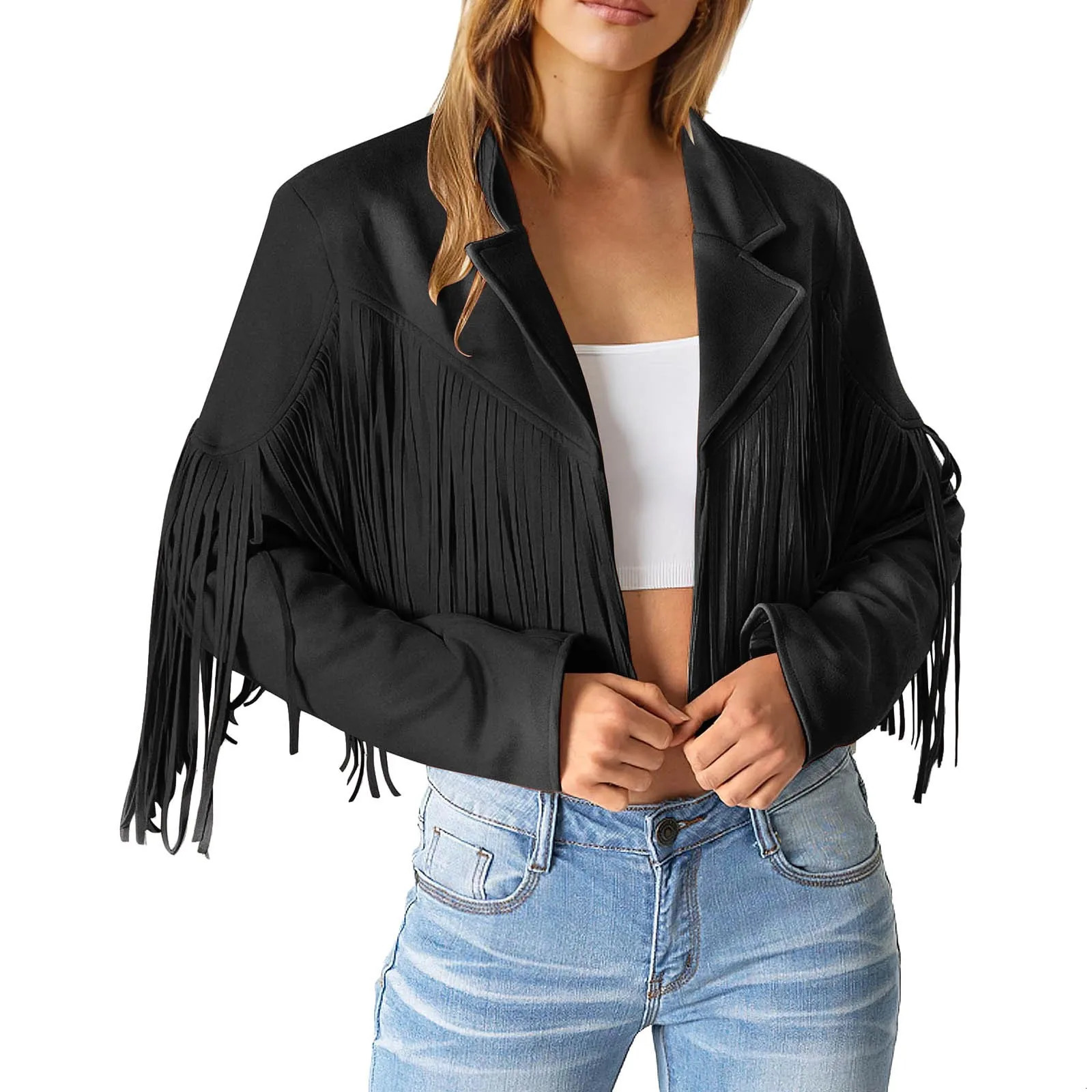 Winter Jackets For Women Fringe Suede Leather Jackets Tassel Motorcycle Cropped Coats Turndown Collar Open Front 250304