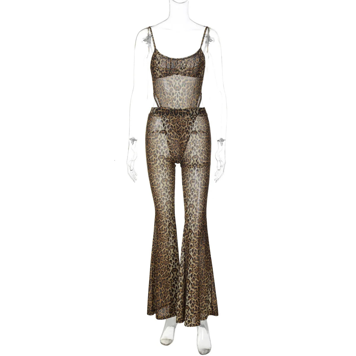 Women Leopard Sexy Vintage 2 Piece Pants Set Sleeveless Cami Bodysuit and Flare Pants Matching Set Party Clubwear 250304