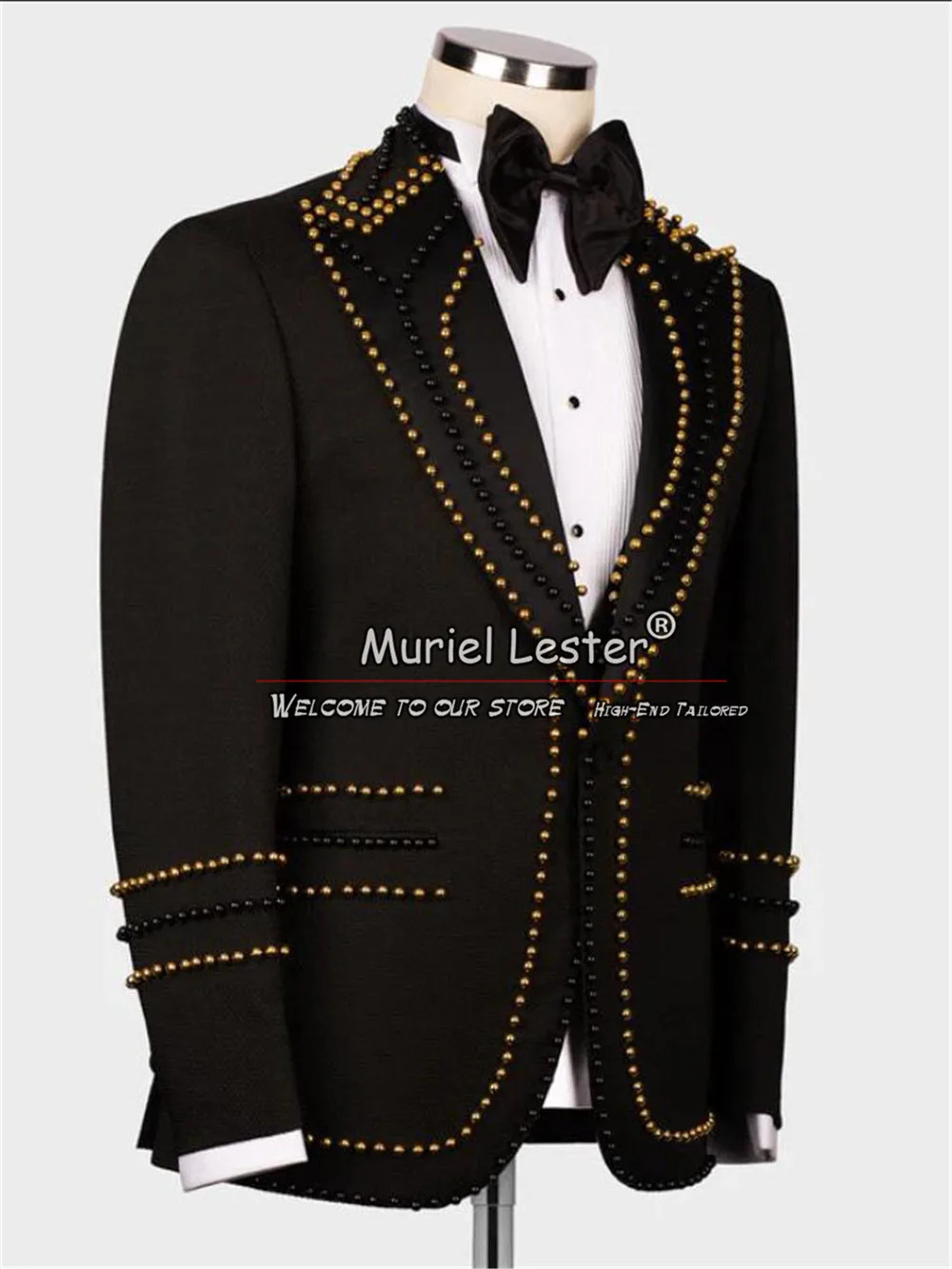 Formal Man Suit Jackets GoldBlack Pearls Handmade Prom Blazer Sets Banquet Dinner Party Wedding Groom Tuxedos Customized 250304