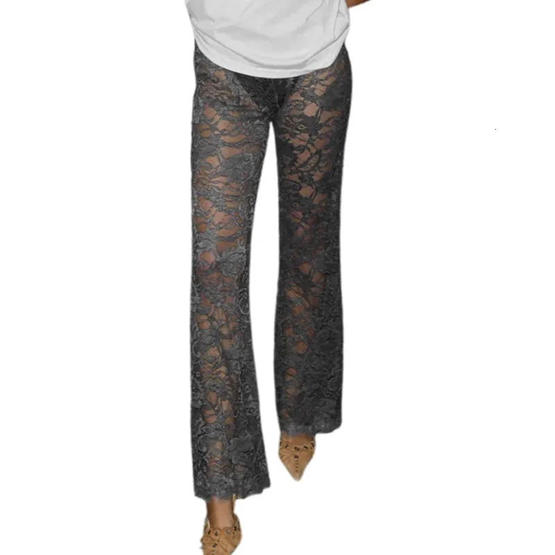 Stylish See-Through Lace Flare Pants Womens High Rise Elastic Waist Bell-Bottoms Spring Summer Streetwear Long Trousers 250304