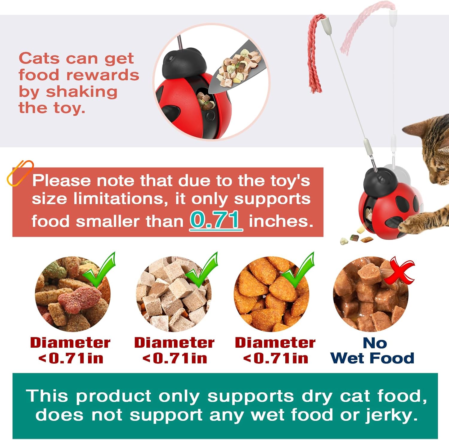 Cat Treat Dispenser Toy, Rolling Wobble Design with Spring Teaser Wand, Interactive Food Puzzle for Cats