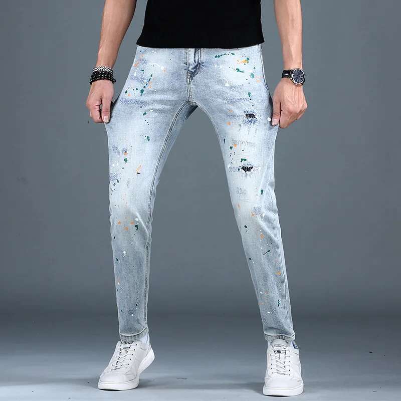 Trendy High-End Jeans Men's Personalized Paint Printing Slim Fit Skinny Stretch Casual Street Motorcycle Trousers