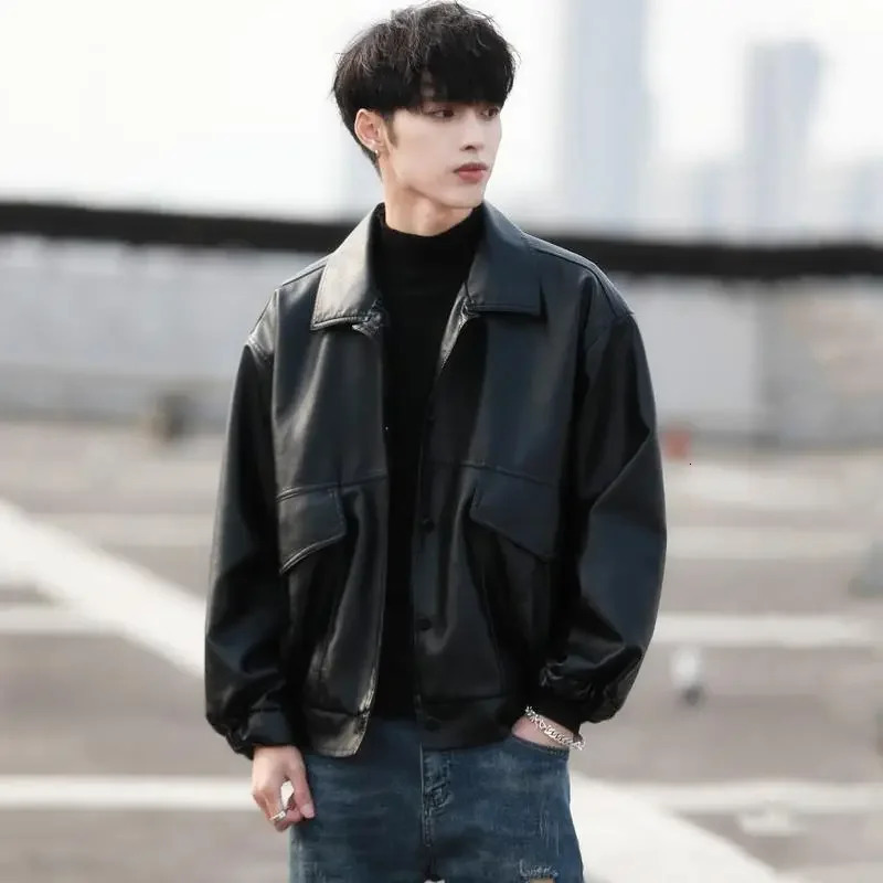 Korean Version of The Trend Handsome Loose PU Leather Clothes Mens Spring and Autumn Fashion Locomotive Clothing Bomber Jacket 250225