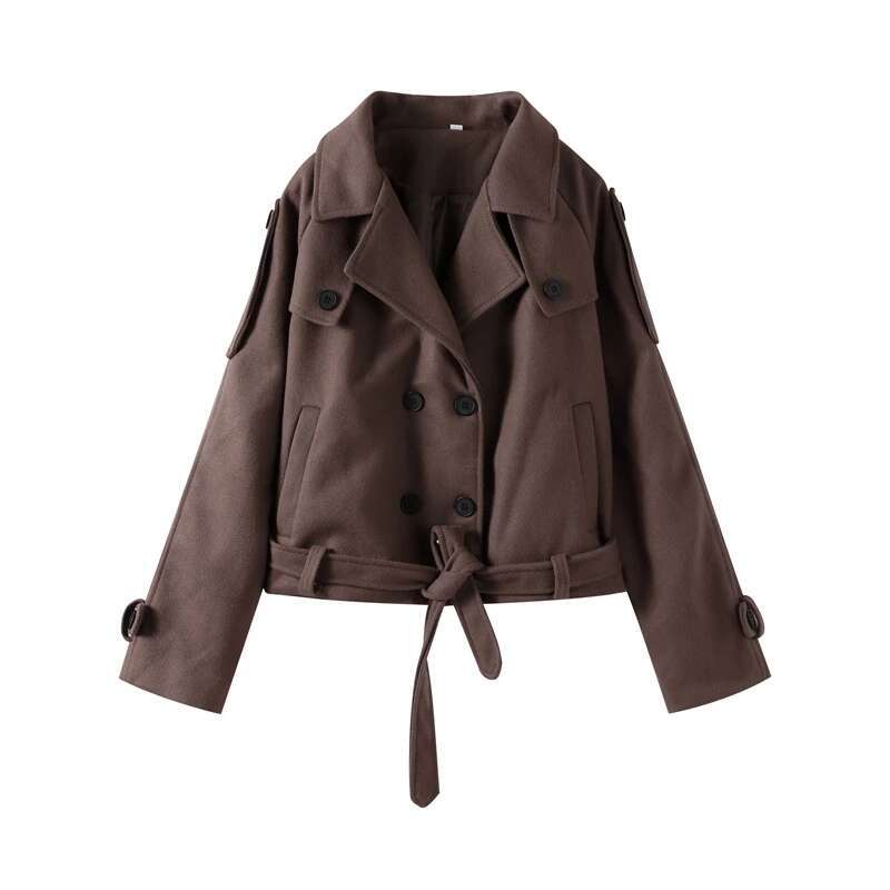 Casual Lapel Short Trench Coat For Women With Belt Long Sleeve Elegant Double Breasted Jacket Autumn Winter Vintage Outwear