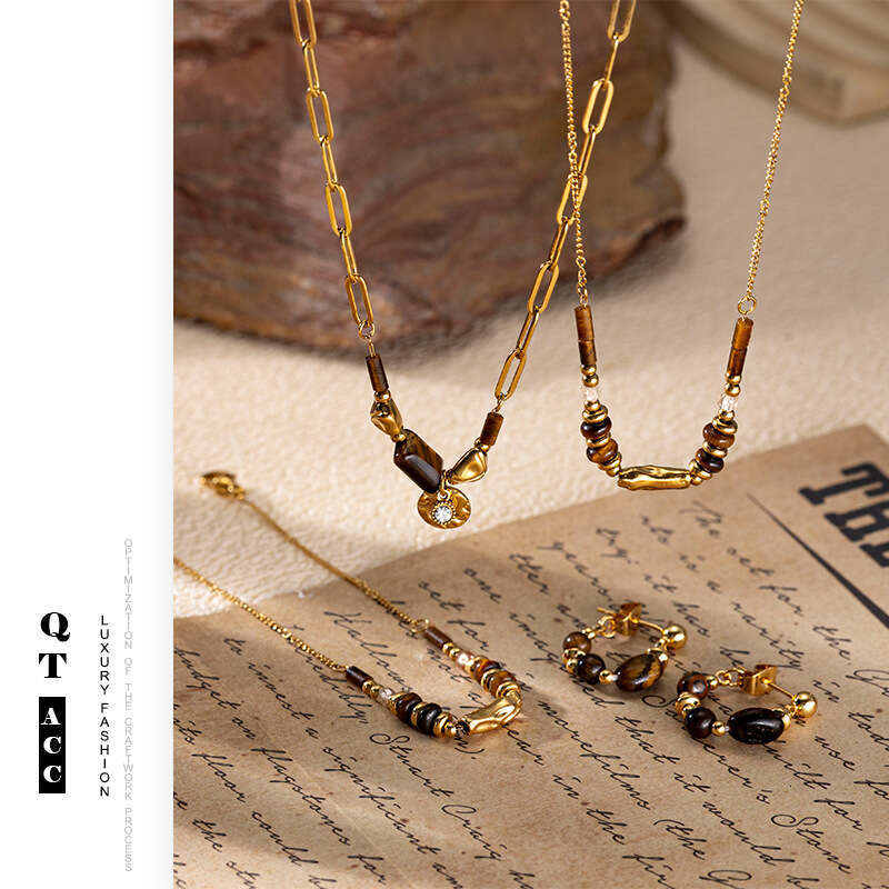 Mirad niche tiger eye stone titanium necklace, high-end sweater chain, versatile ins style stainless steel for women