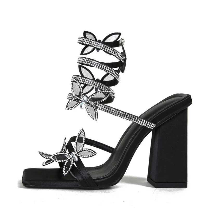 New Fi Design Crystal Butterfly Womens Sandals Sexy Square Toe Thick Heels Summer Party Ball ShoesXJ2500305