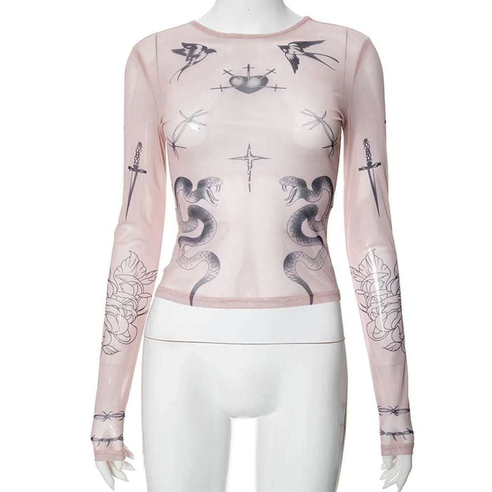 Print Totem Mesh Sexy Club Women Tops O Neck Long Sleeve Streetwear Fashion Sheath Slim See Through T-Shirts Female Tee KLMY