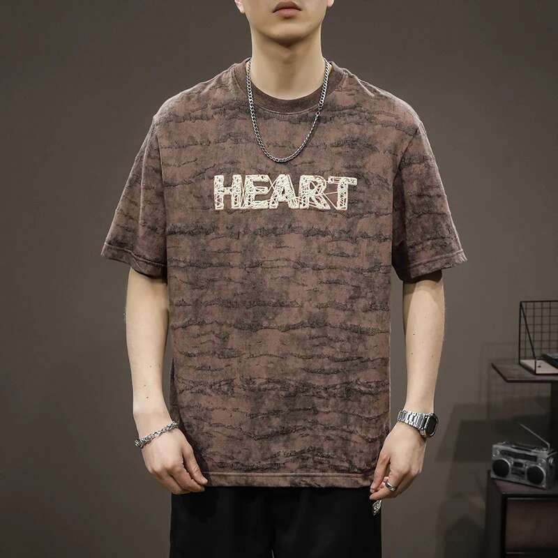 2024 Summer New Round Neck Heavyweight T-Shirt Men's American Retro Distressed Washed Cotton Fashion Trend Letter Embroidery Top
