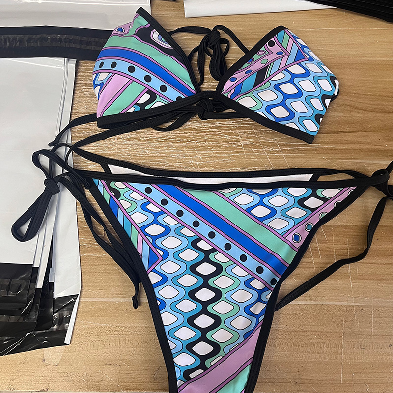 Color Block Bikini For Women Hollow Padded Bra Briefs Split Tie Up Swimsuits Summer Beach Fitness Swimwear