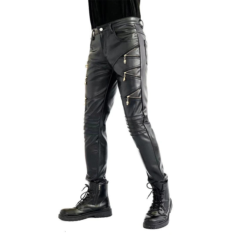 Arrived Skinny Biker Leather Pants Mens Faux Trousers for Male Trouser Stage Club Wear 250304