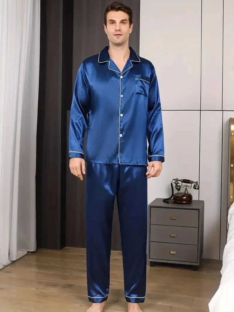 Men Pajamas Set Silk Satin Sleepwear For Man Shirt Long Sleeve Pijama Male Fashion Soft Loungewear Big Size Spring Nightwear 250304