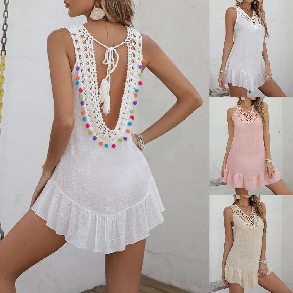 Out Hollow Crochet Tank Beach Dresses Women Holiday Casual Tunic Bikini Cover Ups Swimwear Beachwear 2024 New Mini Dress Km-Ly