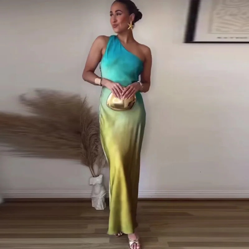 Gradient Satin Long Dres Elegant One Shoulder Sleeveless Backless Dresses Sexy Tiedye Party 250304