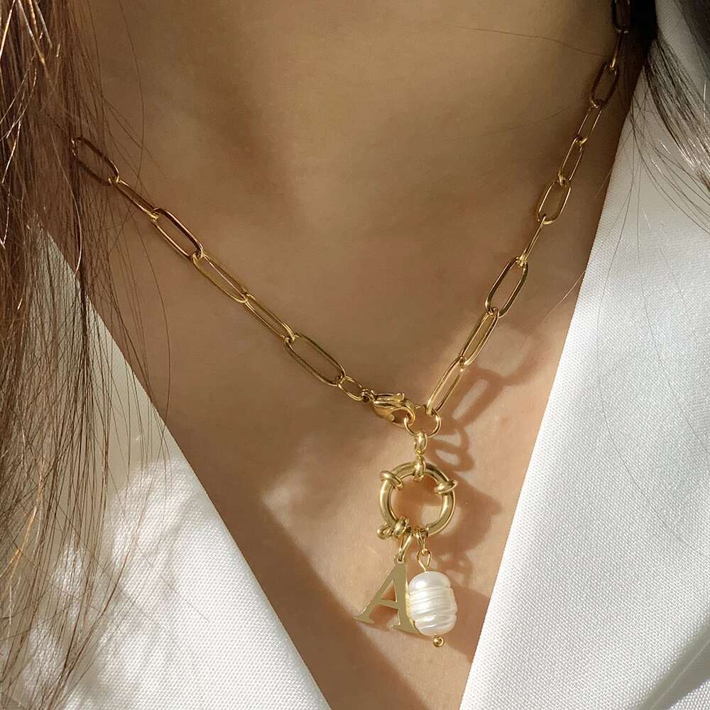 Golded Choker Stainless Steel DIY Necklaces Women Necklace Spring Buckle Chain Initial Letter Pearl Pendant Women's Jewelry Gift