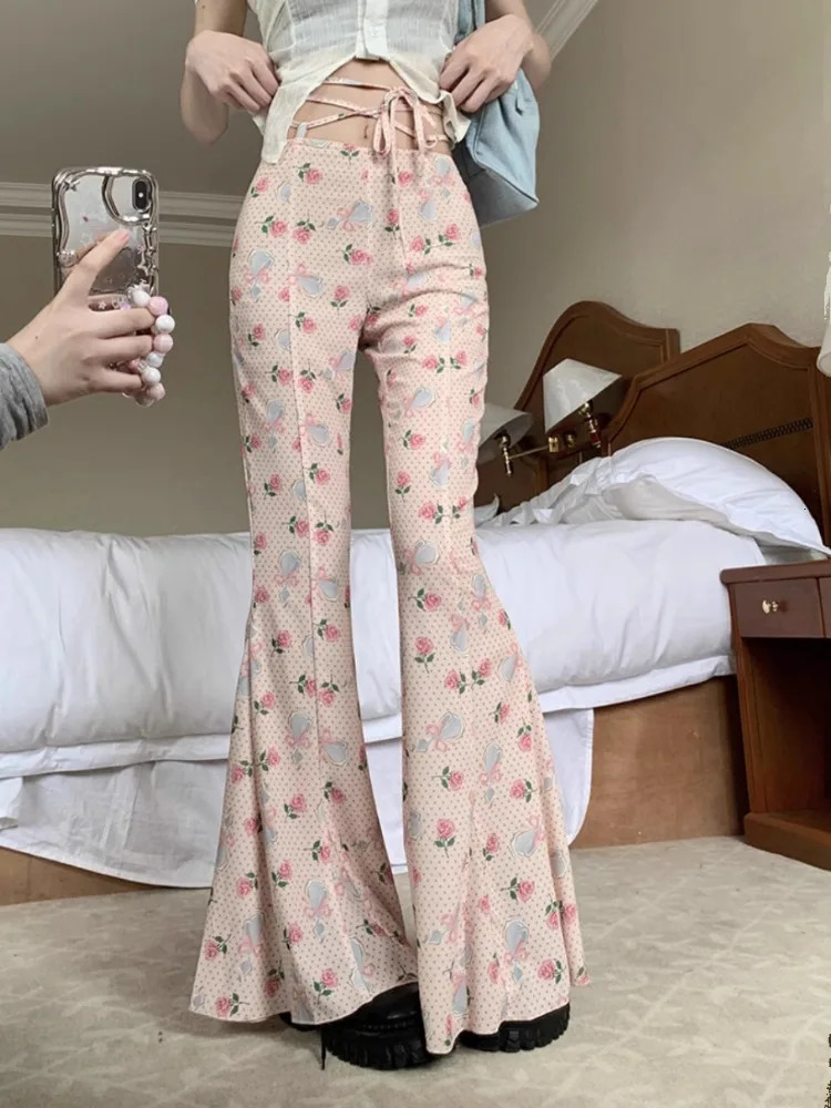 Sweet Floral Print Casual Pants for Women Sumemr Slim Fit Ruffles Flare Y2k E-Girl High Waist Loose Wide Leg 250304