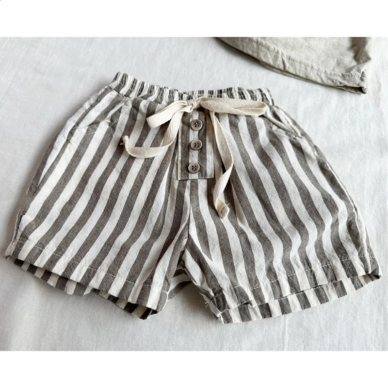 Vintage Linen Cotton Baby Boys Stripe Shorts Casual Buttons Pocket Baby Short Pants for Toddler Girls Clothing 0-24M 250304