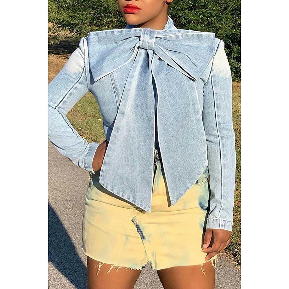 Plus Size Spring Casual Denim Shirt Women Versatile Basic Loose Blouse Stand Collar Lantern Sleeve Female Bow Decor Laceup Tops 250226Z
