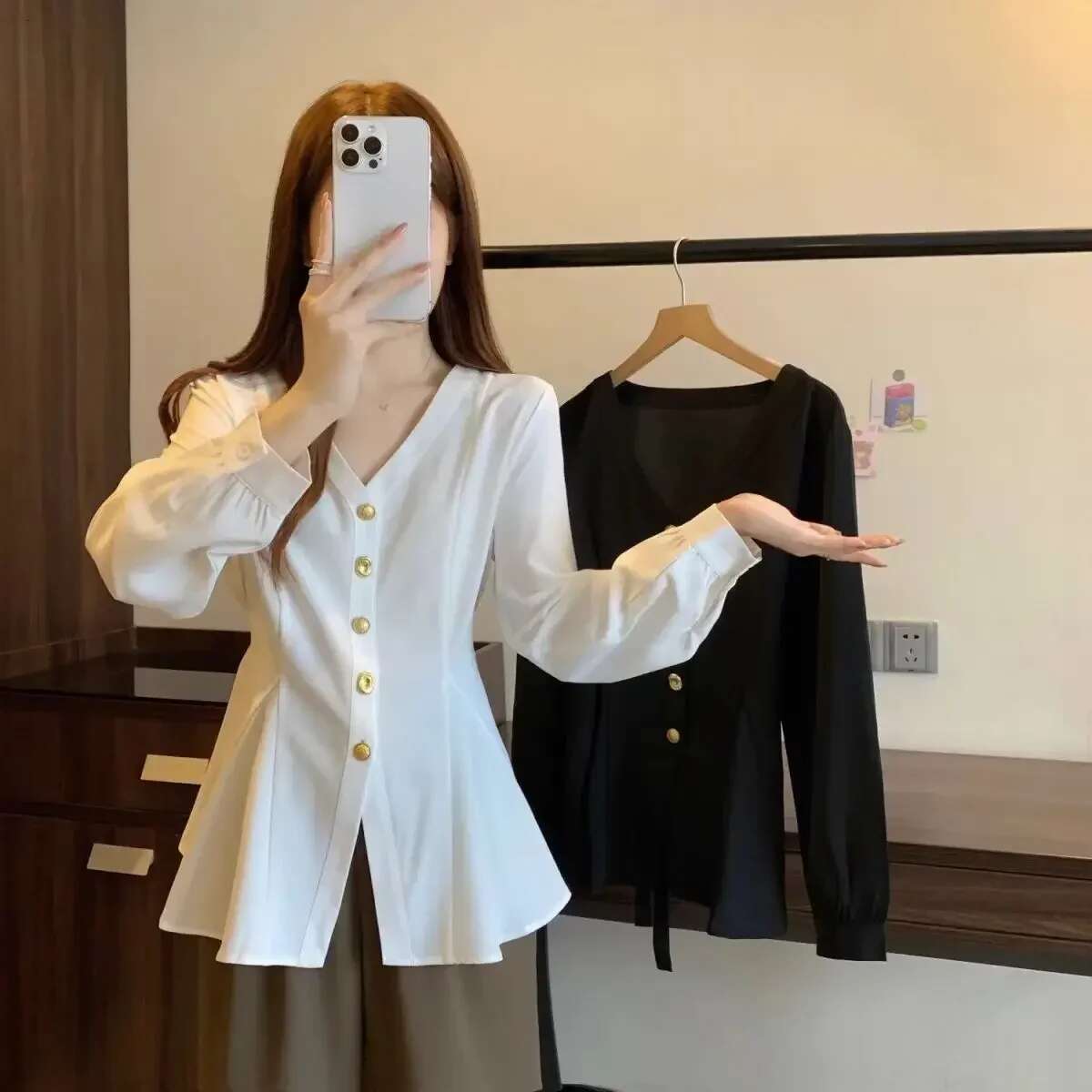 Fashionable V Neck Solid Color Shirt Spring Autumn Casual Commuting Elegant Loose Slimming Blouse Tops Trendy Clothes For Women