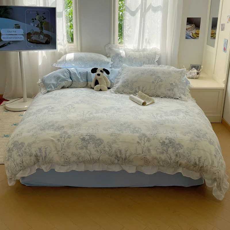 Blue Floral Ruffle Duvet Cover Set Queen Flower Leaf Comforter Covers 4Pcs Soft Luxury Pastoral Garden Washed Cotton Bedding SetT250304