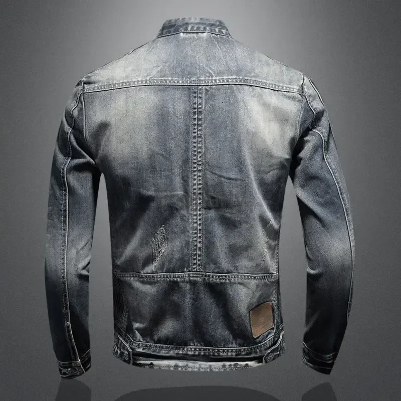 Mens Fashion Denim Jacket Trendy Retro Casual StandUp Collar Zipper Spring Autumn Long Sleeved Motorcycle Coat 250225