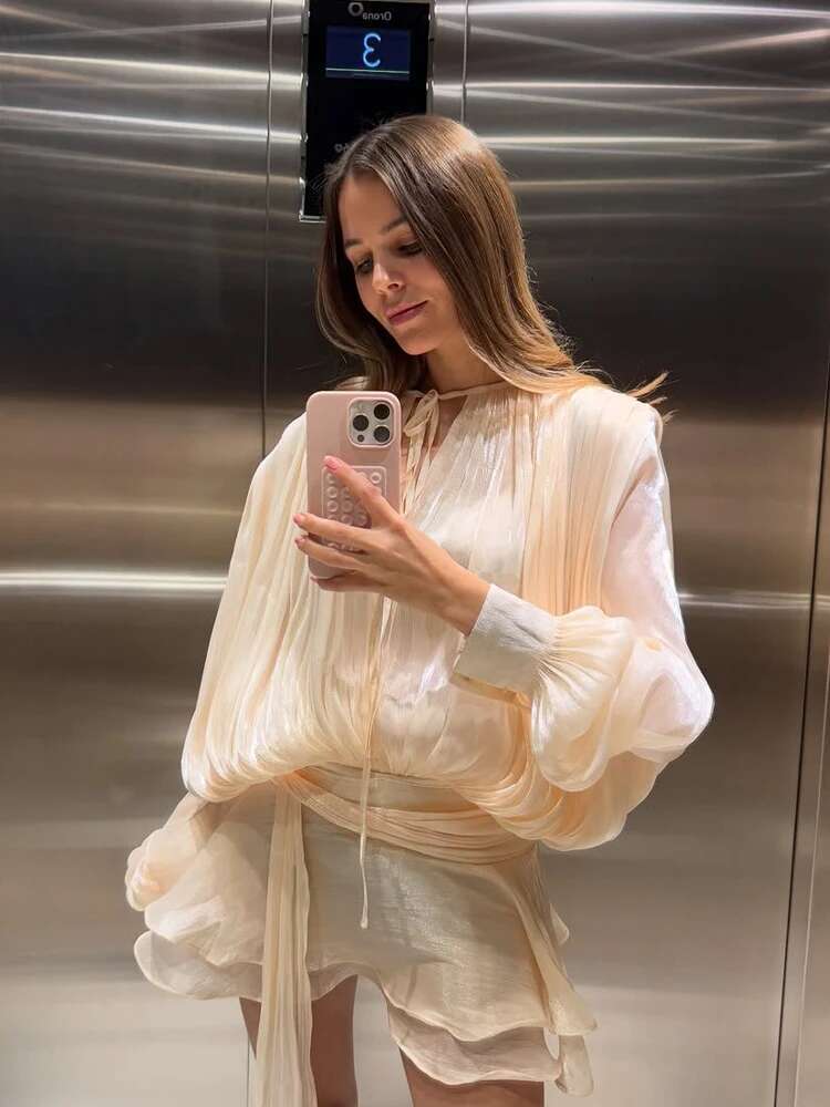Elegant Lace Up Women's Dress Lantern Sleeve V Neck Loose Mini Female Dresses 2025 Spring Summer Pleated Shining Lady Vestidos