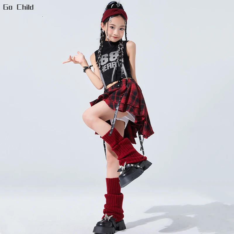 Kids Hip Hop Crop Top Plaid Street Dance Skirt Girls Ribbon Pleated Skirts Teens Jazz Cool Costumes Child Streetwear Clothes Set 250304