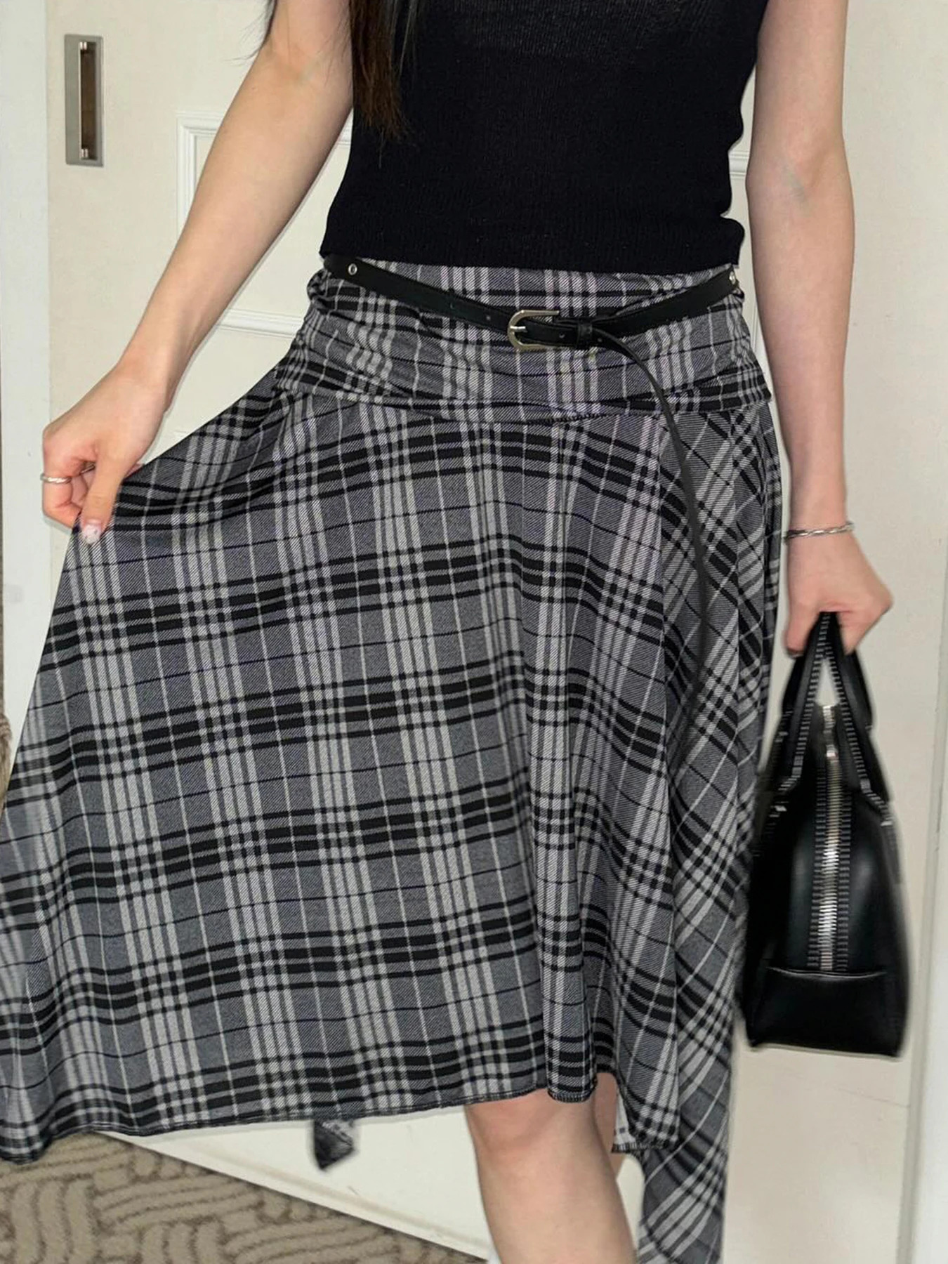 Rockmore Chic Retro Streetwear Irregular Plaid Print Skirts Casual Vintage Harajuku Mid Skirts All Match Y2k Aesthetic 250228