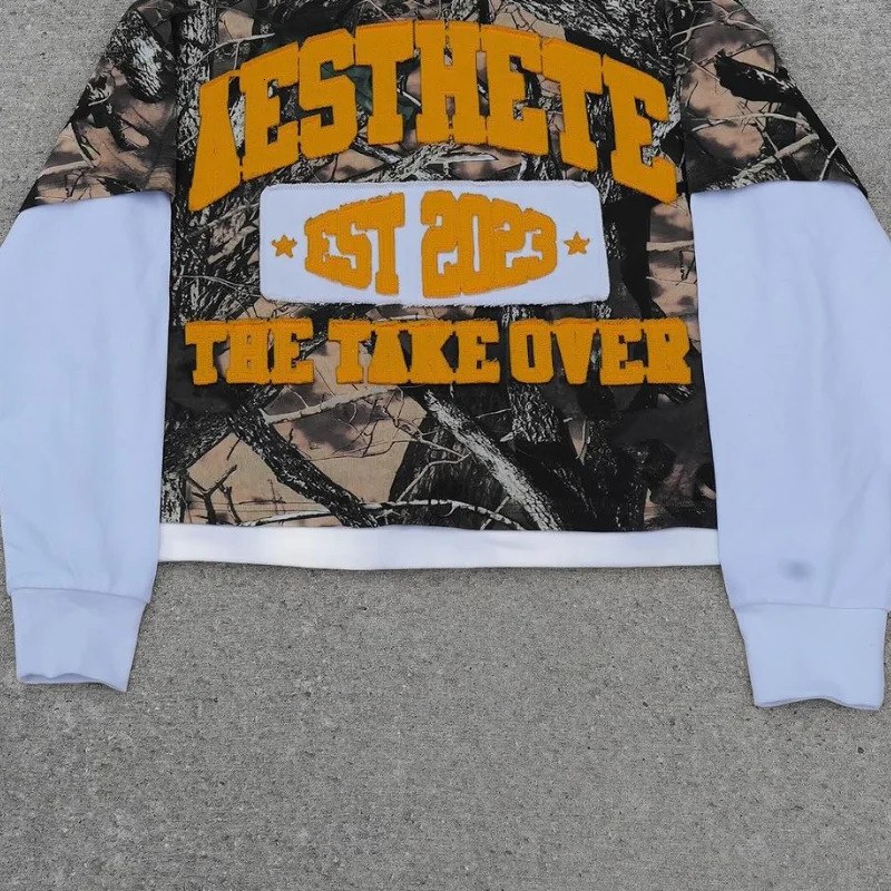 American street Harajuku print camouflage long sleeve pullover men long sleeve Y2K loose letter print oversized T-shirt 250304