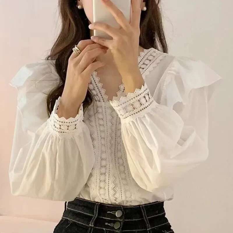 V-Neck Ruffles Puff Women Blouse Tops Long Sleeve White Shirts Fashion Casual Office Lady Elegant Clothing